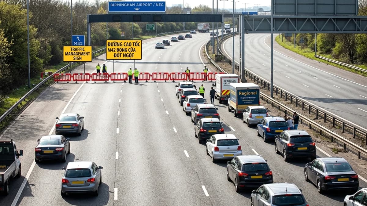 Cầu vượt M42 đóng cửa đột ngột tại Birmingham: Ảnh hưởng đến sân bay và NEC