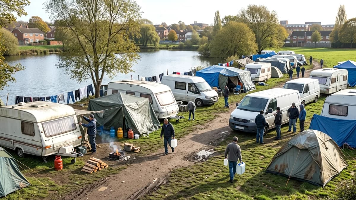 Cộng đồng du mục cắm trại trái phép tại hồ Witton Lakes, Birmingham